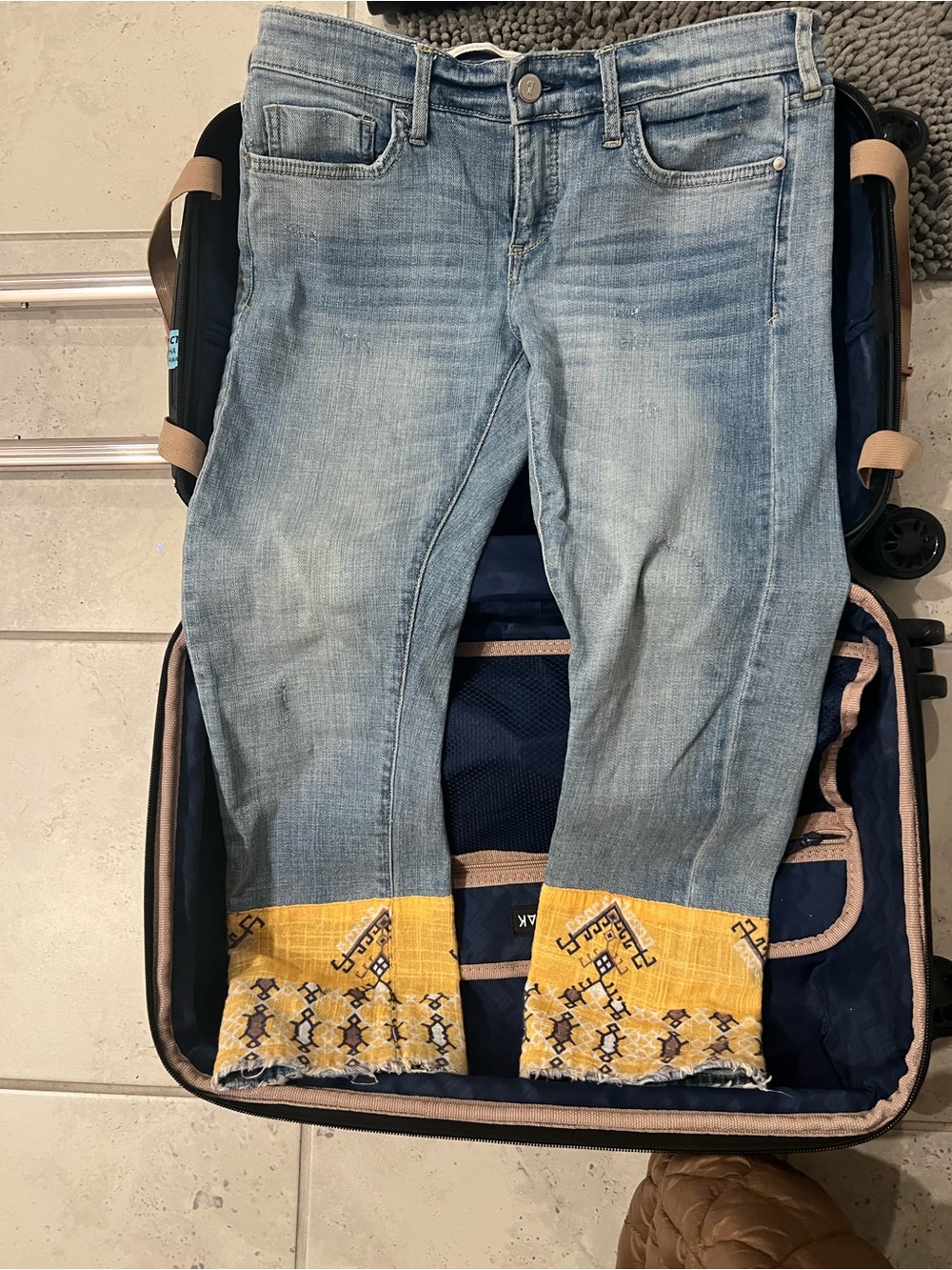 Anthropologie Light Blue Cropped Jeans with Yellow Geometric material Cuffs